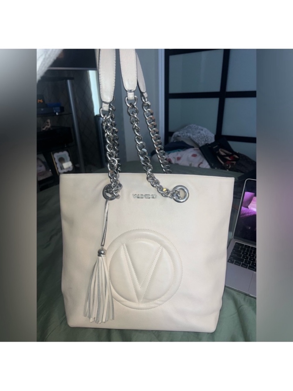 Valentino Off-White Leather Tote with Chain Strap - Picture 3 of 5